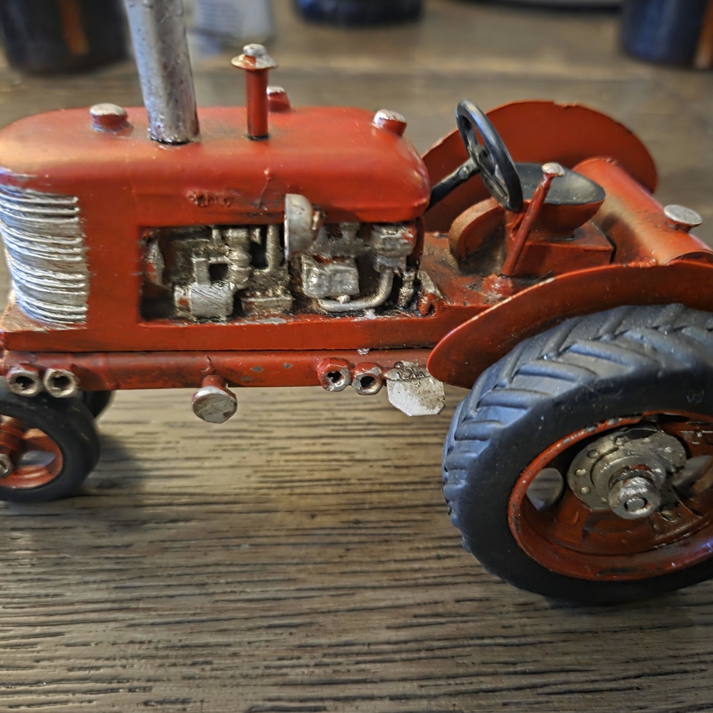 Vintage Red Tractor Folk Art Model, Hand-Made Metal